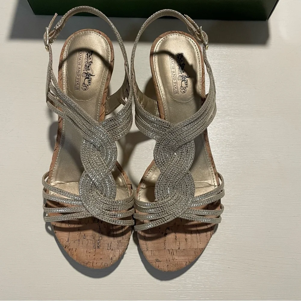 Coach and Four Gold Strappy Metallic Wedge Sandals Size 7.5 Cork Heel